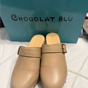 Chocolat Blu Tan Leather Buckle Clog Mules